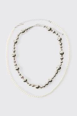 Pearl And Metal Bead Multi Layer Necklace | BoohooMAN UK