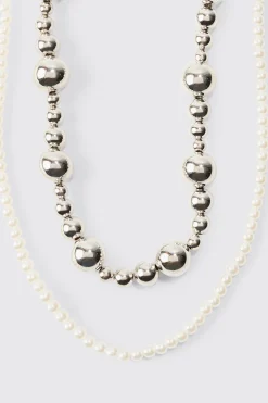 Pearl And Metal Bead Multi Layer Necklace | BoohooMAN UK