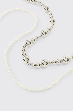 Pearl And Metal Bead Multi Layer Necklace | BoohooMAN UK