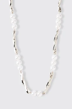 Pearl And Metal Necklace In Silver | BoohooMAN UK
