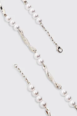 Pearl And Metal Necklace In Silver | BoohooMAN UK