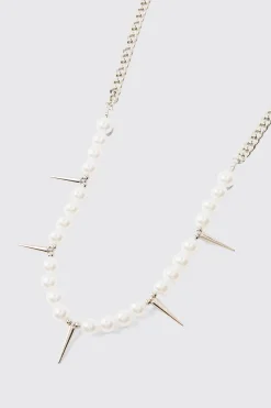 Pearl And Spike Pendant Necklace | BoohooMAN UK