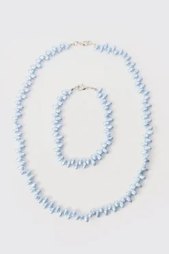Pearl Bead Necklace & Bracelet Set In Blue | BoohooMAN UK