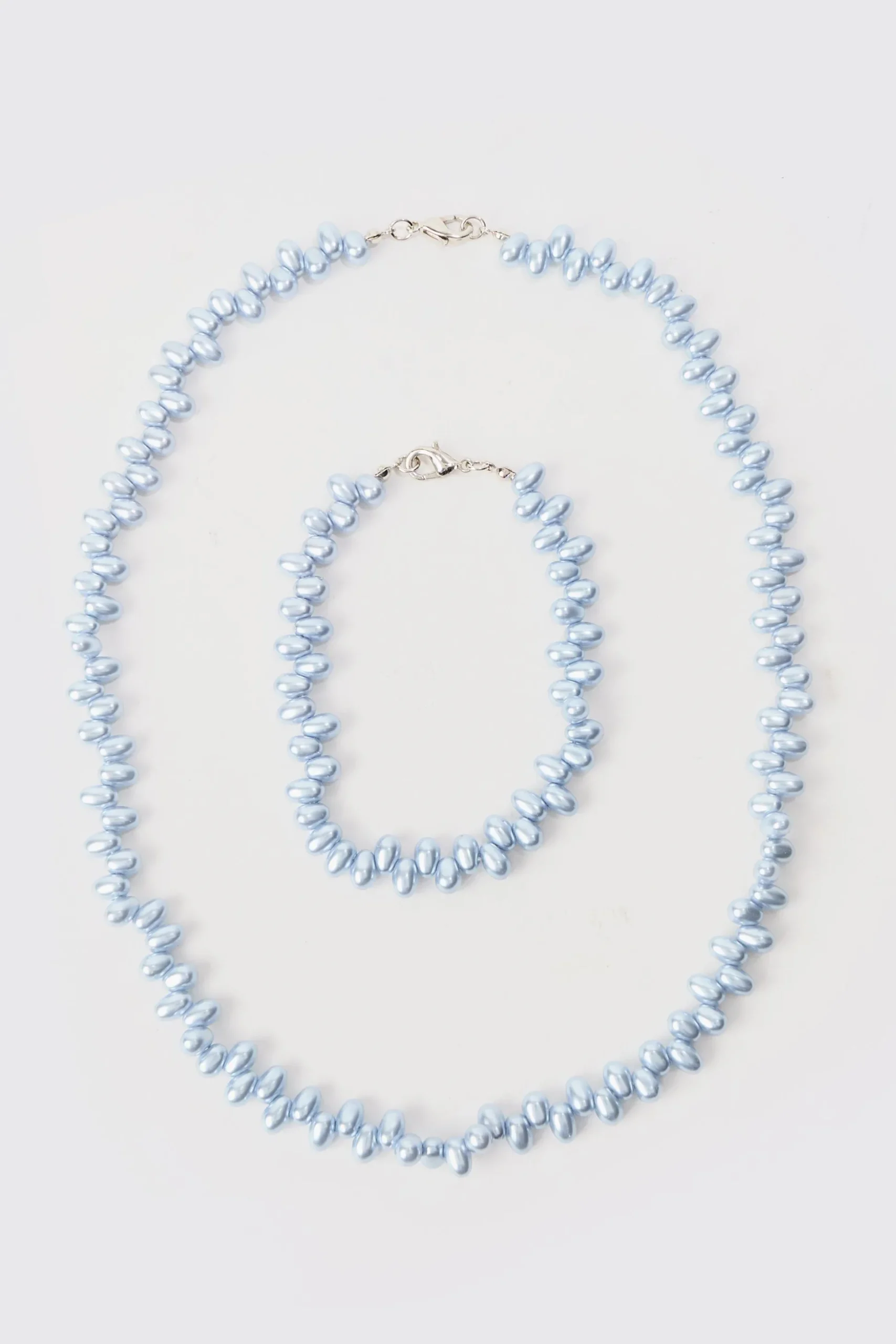 Pearl Bead Necklace & Bracelet Set In Blue | BoohooMAN UK