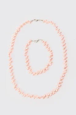 Pearl Bead Necklace & Bracelet Set In Pink | BoohooMAN UK