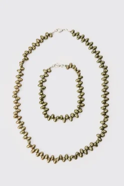 Pearl Bead Necklace & Bracelet Set In Green | BoohooMAN UK