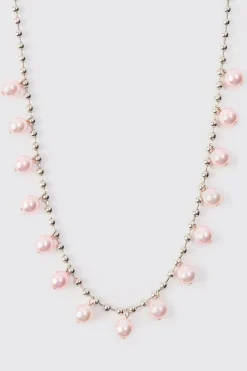 Pearl Bead Necklace In Silver | BoohooMAN UK