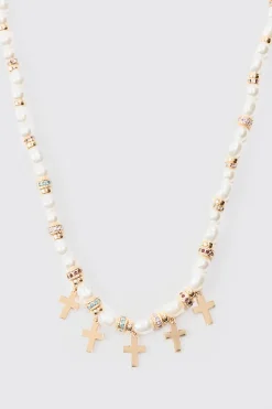 Pearl Bead Necklace With Cross Charms In Gold | BoohooMAN UK