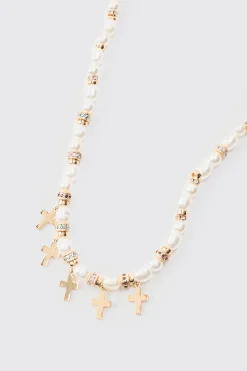 Pearl Bead Necklace With Cross Charms In Gold | BoohooMAN UK