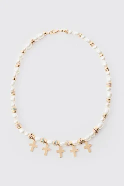 Pearl Bead Necklace With Cross Charms In Gold | BoohooMAN UK