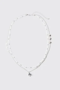 Pearl Chain And Dice Pendant Multi Layer Necklace | BoohooMAN UK