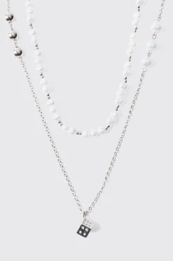 Pearl Chain And Dice Pendant Multi Layer Necklace | BoohooMAN UK