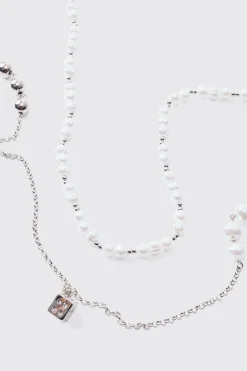 Pearl Chain And Dice Pendant Multi Layer Necklace | BoohooMAN UK