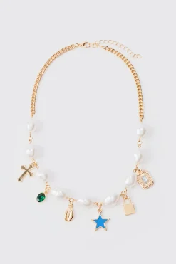 Pearl Chain And Mixed Pendant Necklace In Gold | BoohooMAN UK