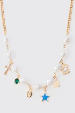 Pearl Chain And Mixed Pendant Necklace In Gold | BoohooMAN UK