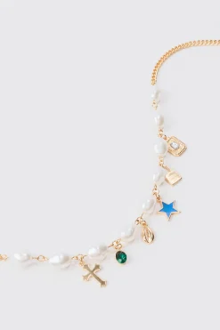 Pearl Chain And Mixed Pendant Necklace In Gold | BoohooMAN UK