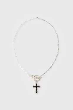 Pearl Cross Pendant Necklace In Silver | BoohooMAN UK