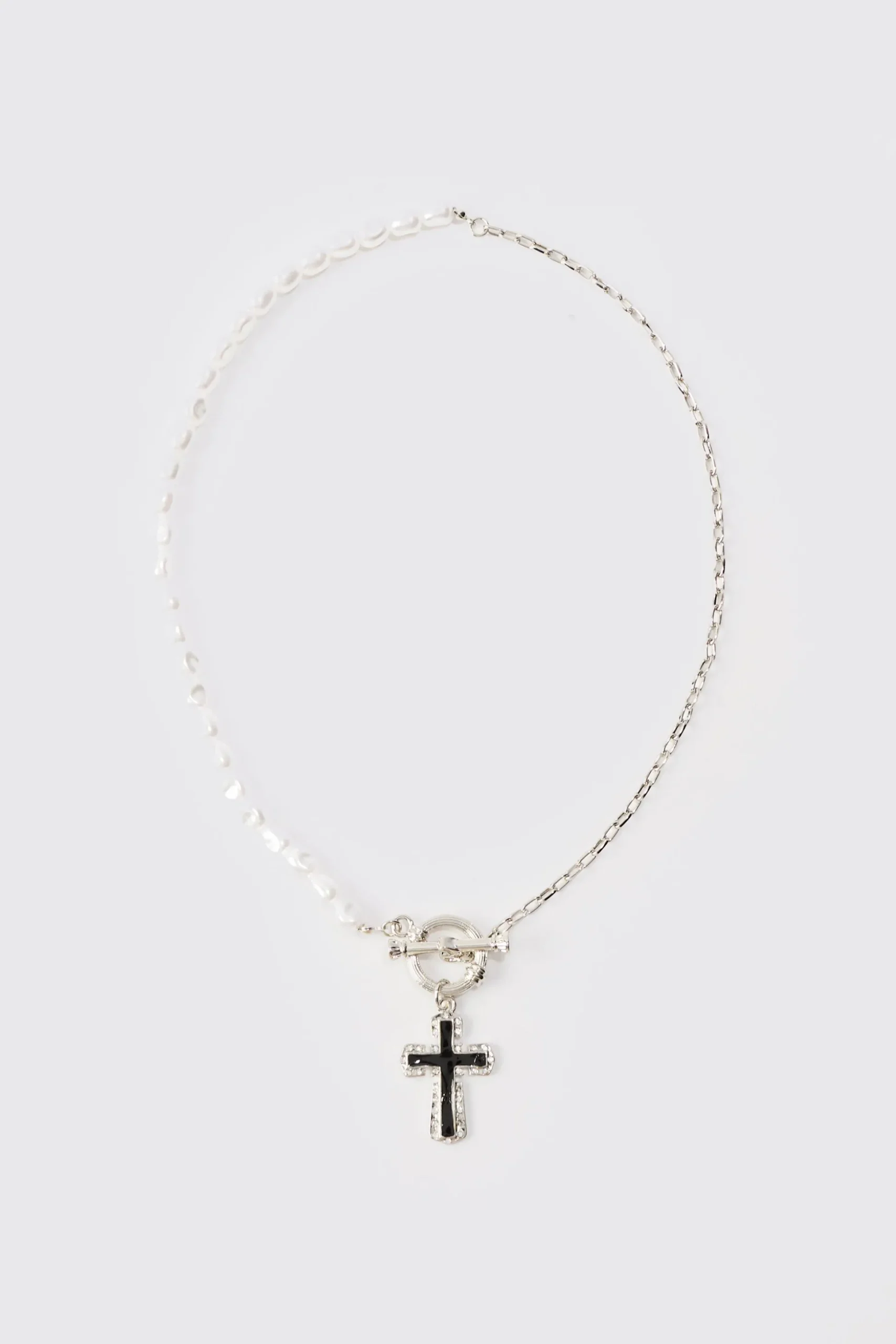 Pearl Cross Pendant Necklace In Silver | BoohooMAN UK