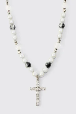 Pearl Cross Pendant Necklace | BoohooMAN UK