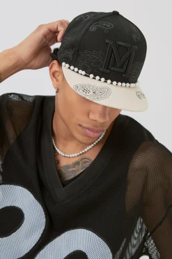 Pearl Embellishment Snapback In Black | BoohooMAN UK