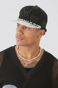Pearl Embellishment Snapback In Black | BoohooMAN UK
