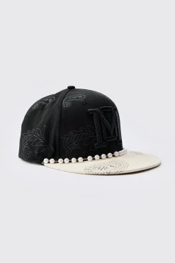 Pearl Embellishment Snapback In Black | BoohooMAN UK