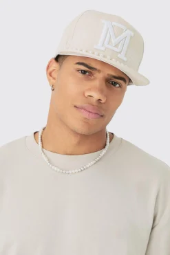 Pearl Embellishment Snapback In Stone | BoohooMAN UK