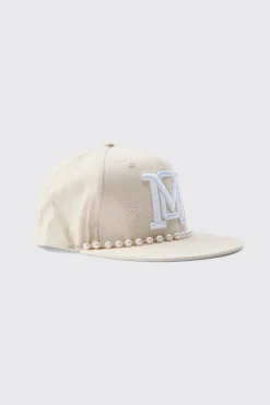 Pearl Embellishment Snapback In Stone | BoohooMAN UK
