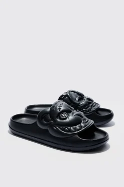 Perforated Evil Teddy Slider | BoohooMAN UK