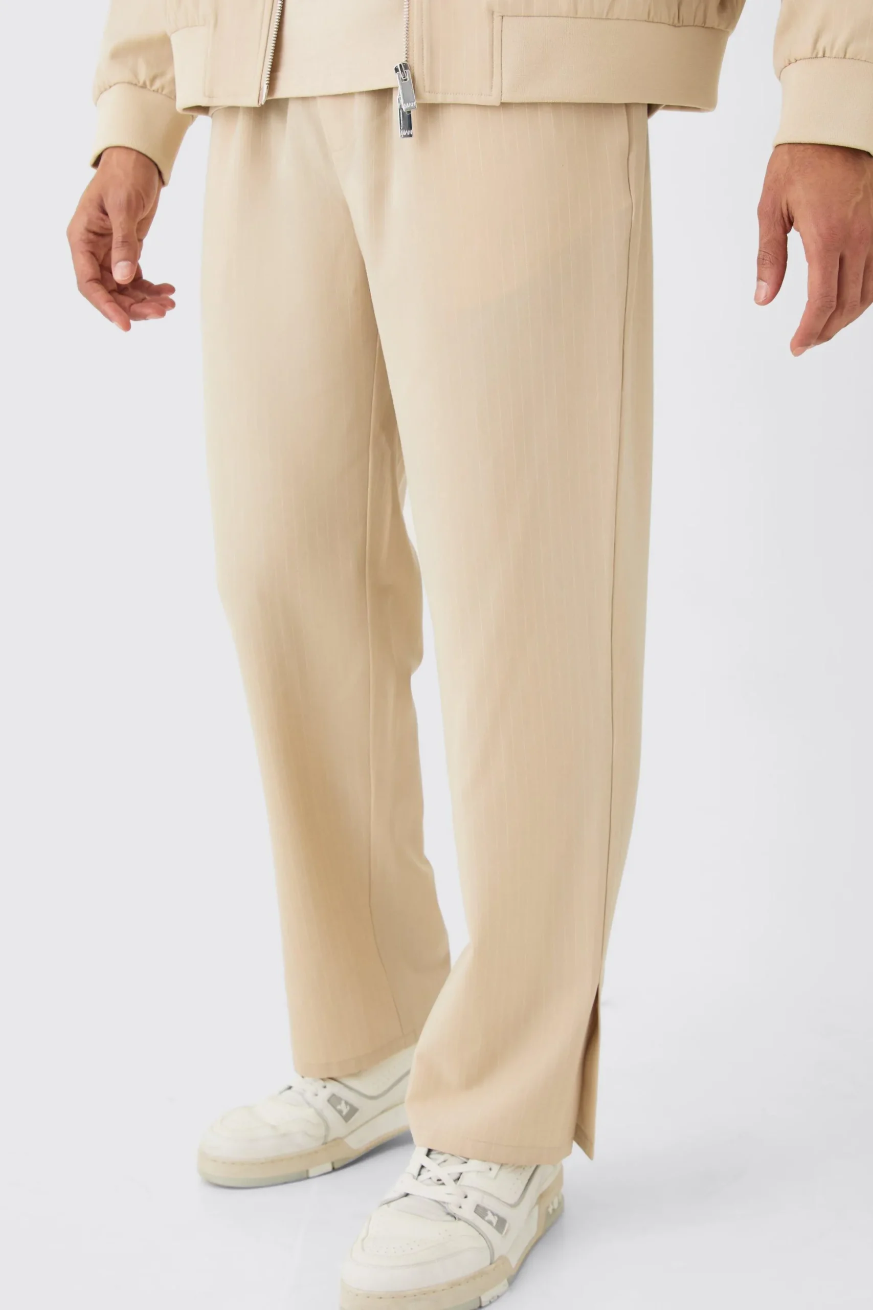 Pinstripe Elasticated Waist Split Hem Trousers | BoohooMAN UK