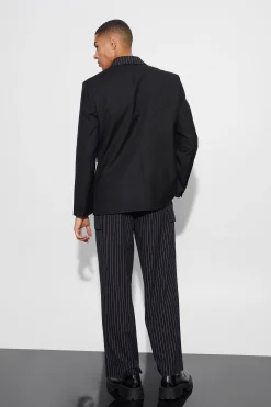 Pinstripe Overlay Oversized Blazer | BoohooMAN UK