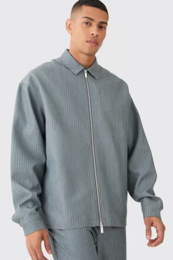 Pinstripe Relaxed Fit Longline Smart Harrington Jacket | BoohooMAN UK