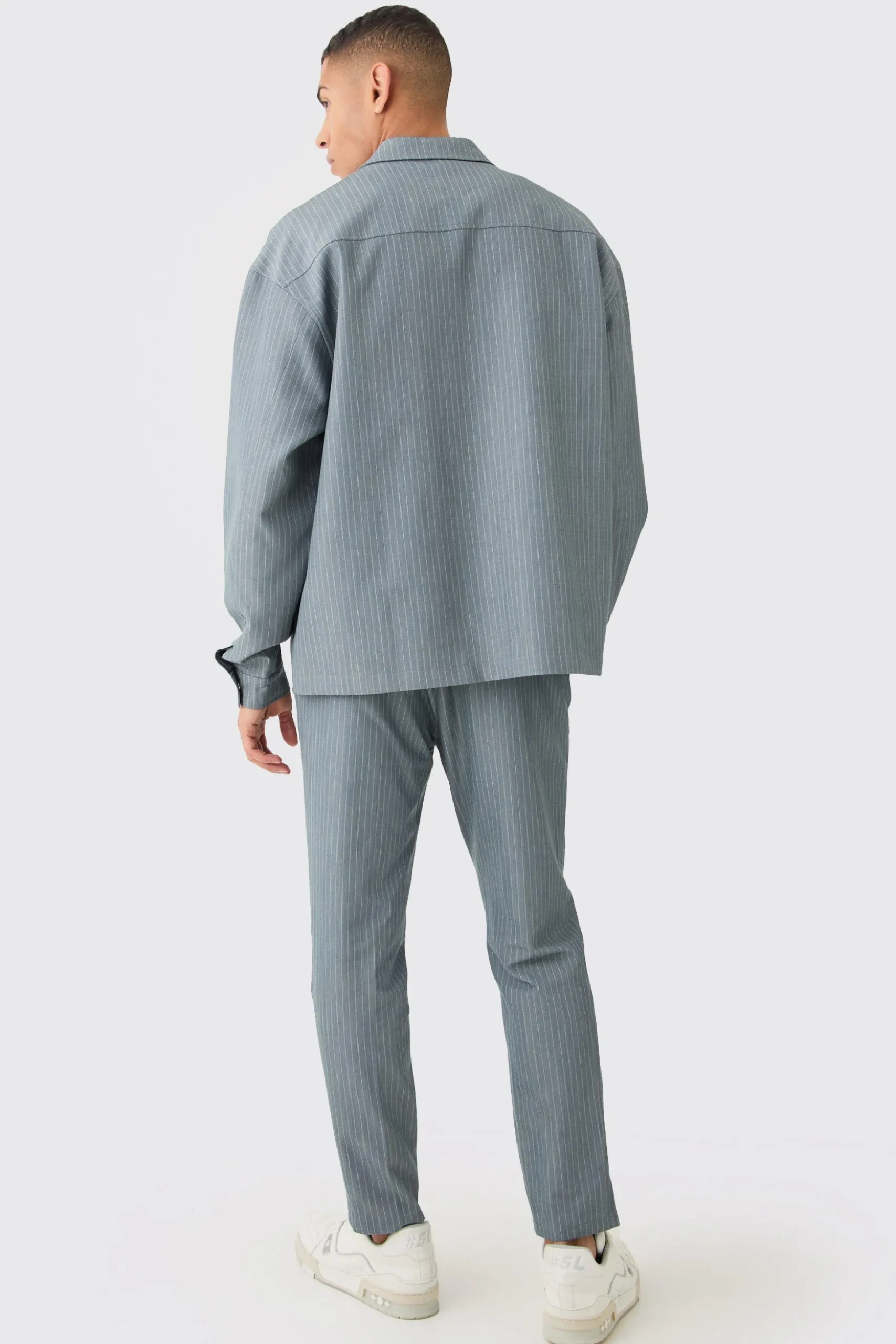 Pinstripe Relaxed Fit Longline Smart Harrington Jacket | BoohooMAN UK
