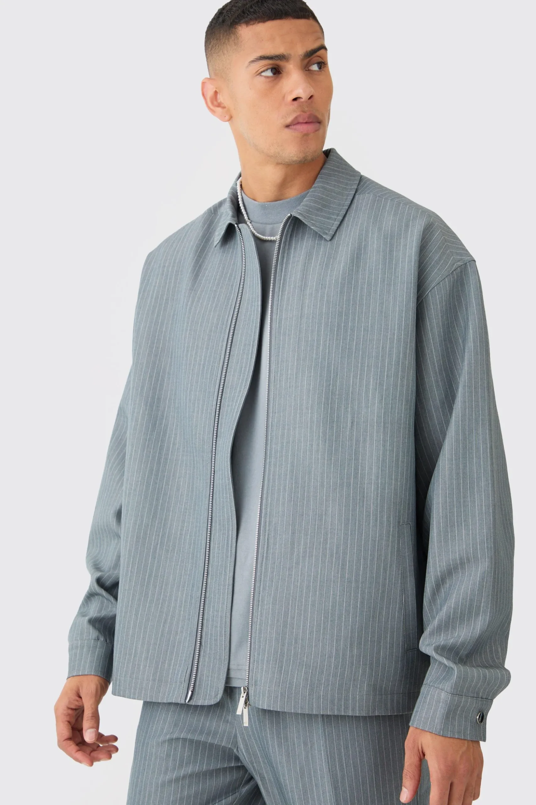 Pinstripe Relaxed Fit Longline Smart Harrington Jacket | BoohooMAN UK
