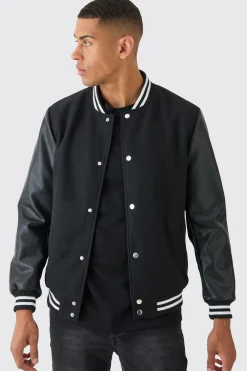 Plain Melton And Pu Sleeve Varsity Jacket In Black | BoohooMAN UK