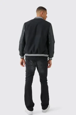 Plain Melton And Pu Sleeve Varsity Jacket In Black | BoohooMAN UK