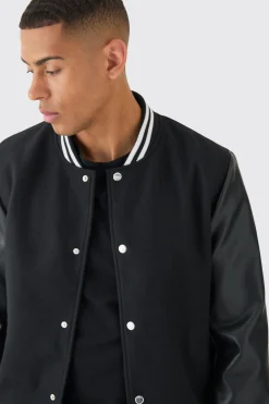 Plain Melton And Pu Sleeve Varsity Jacket In Black | BoohooMAN UK