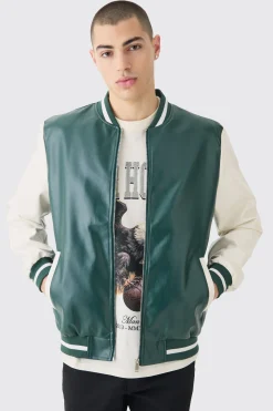 Plain PU Varsity Jacket In Green | BoohooMAN UK