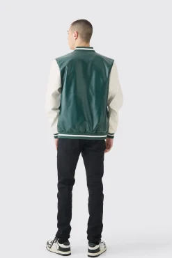 Plain PU Varsity Jacket In Green | BoohooMAN UK