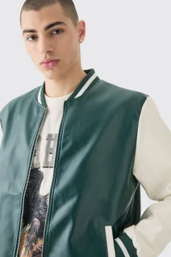Plain PU Varsity Jacket In Green | BoohooMAN UK