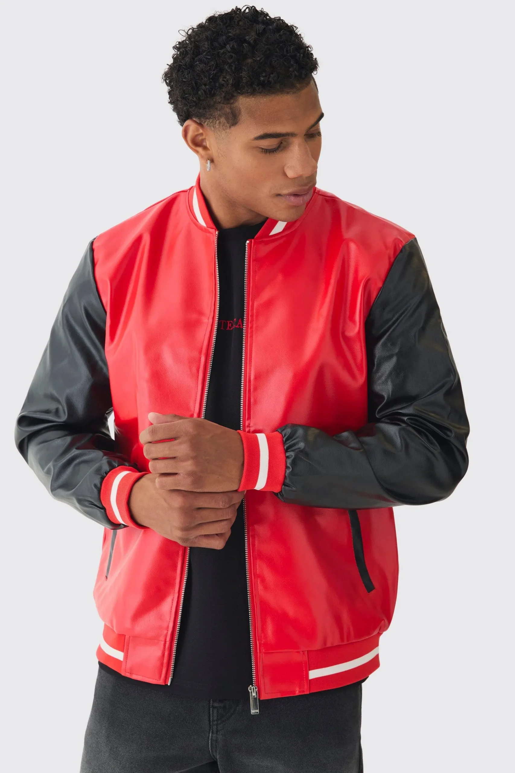 Plain PU Varsity Jacket In Red | BoohooMAN UK