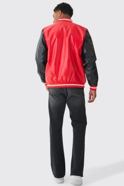 Plain PU Varsity Jacket In Red | BoohooMAN UK