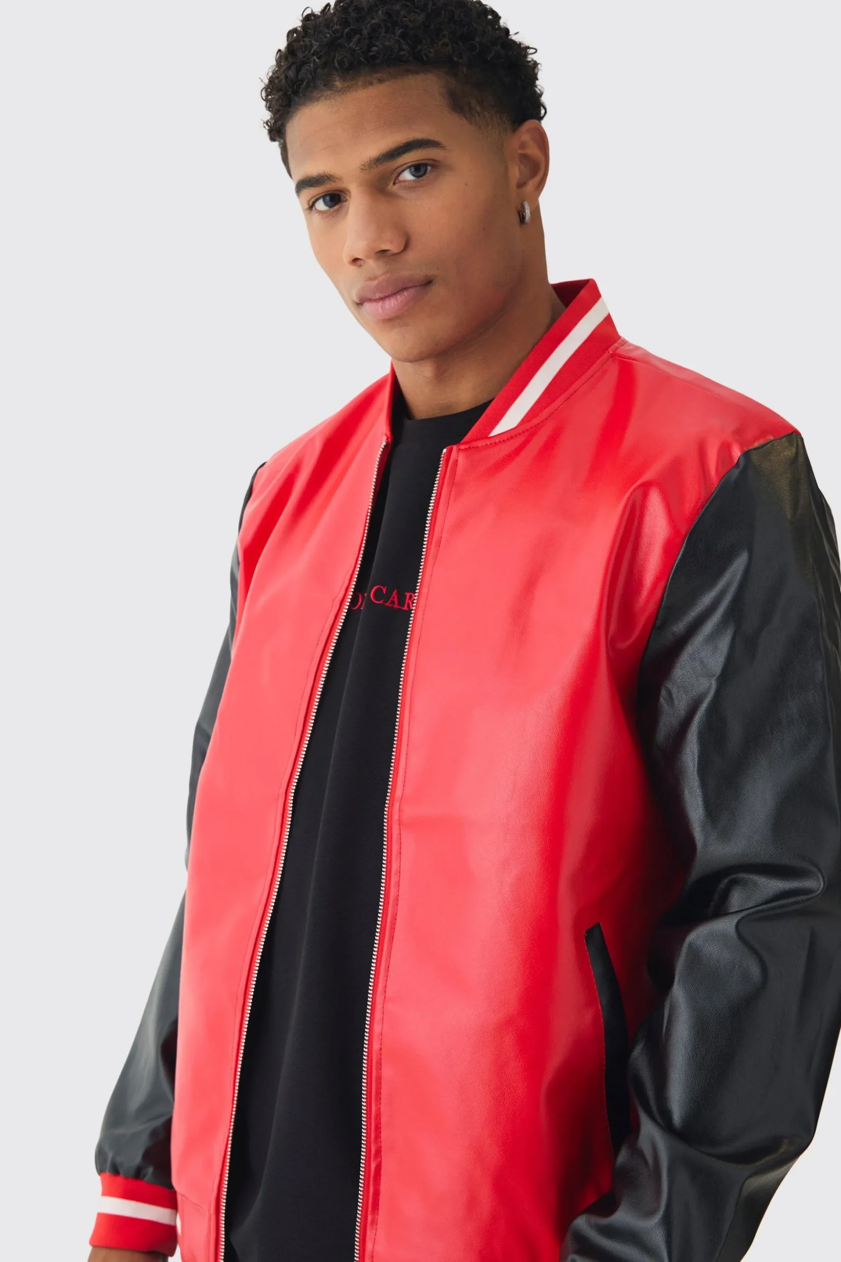 Plain PU Varsity Jacket In Red | BoohooMAN UK