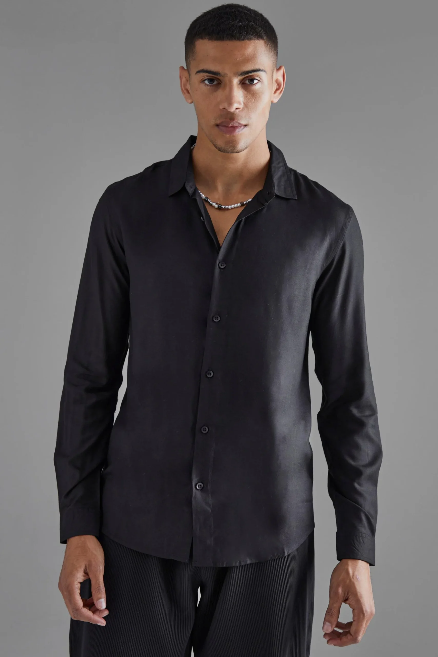 Plain Viscose Long Sleeve Shirt | BoohooMAN UK
