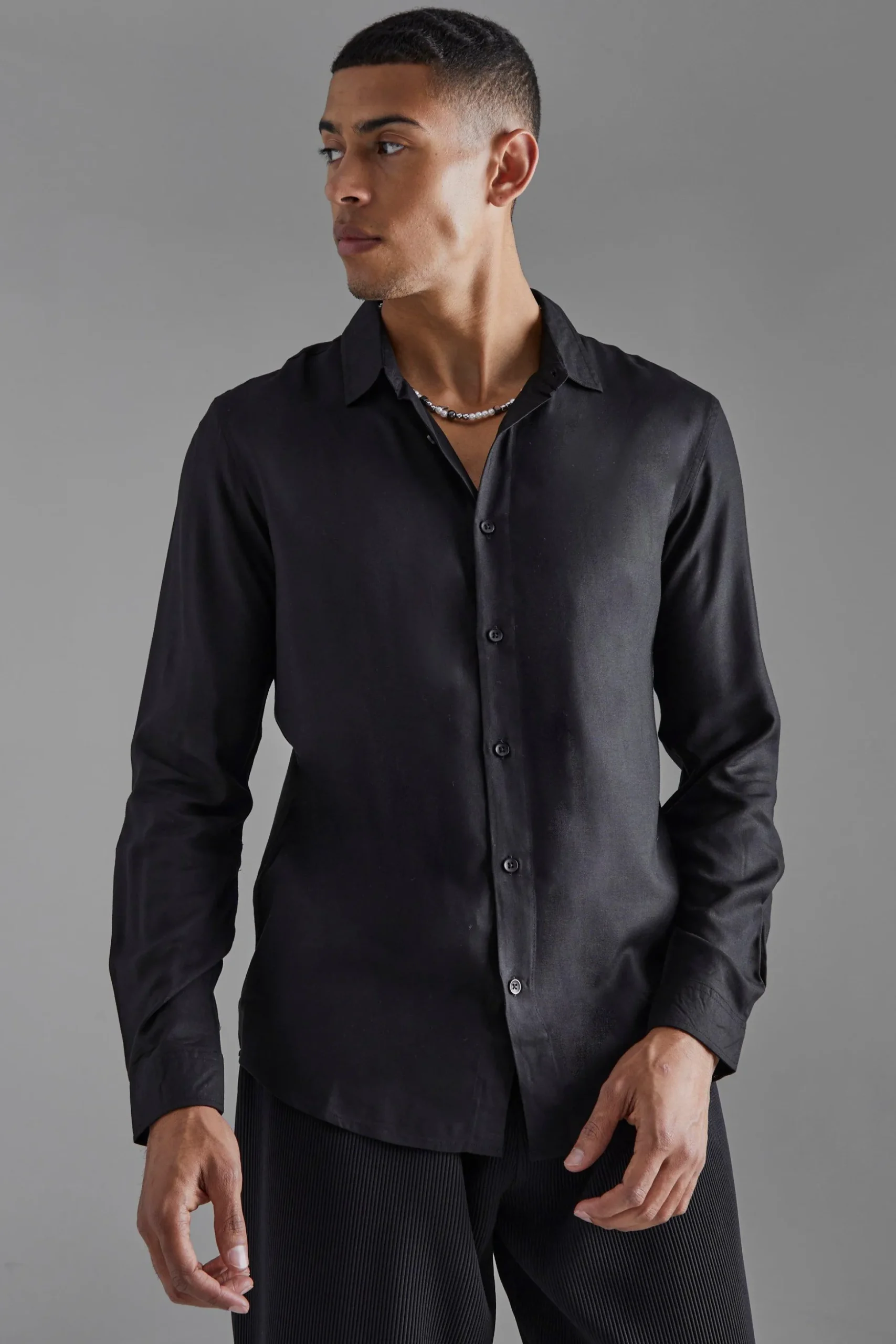 Plain Viscose Long Sleeve Shirt | BoohooMAN UK