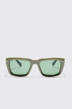 Plastic Sunglasses In Olive | BoohooMAN UK