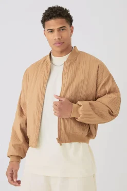 Pleated Bomber Jacket In Camel | BoohooMAN UK