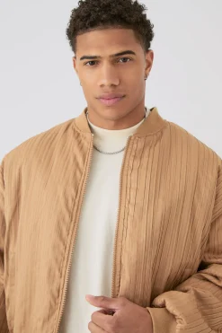 Pleated Bomber Jacket In Camel | BoohooMAN UK