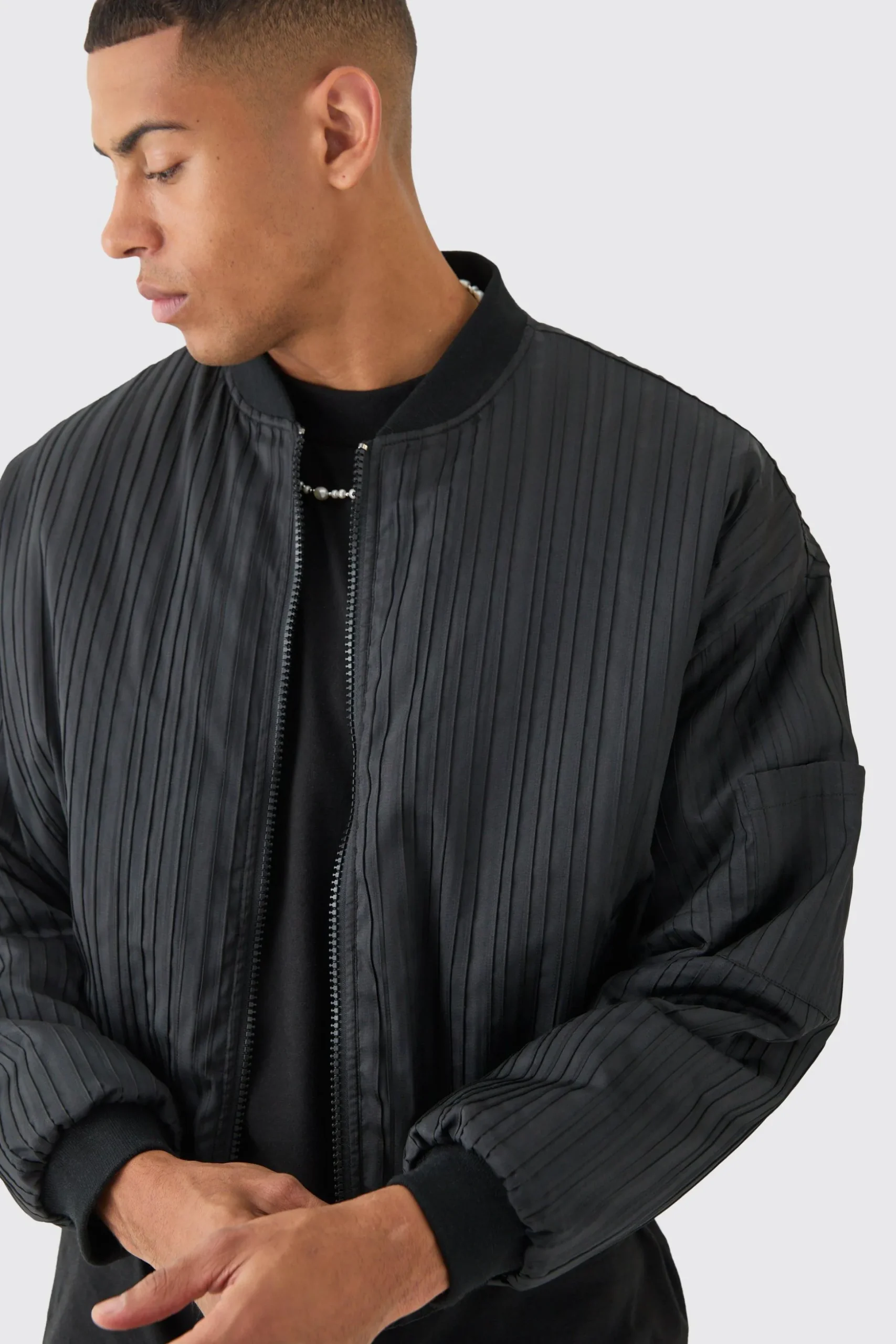Pleated Bomber Jacket In Black | BoohooMAN UK