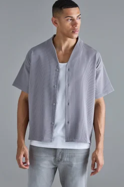 Pleated Boxy Short Sleeve Collarless Shirt | BoohooMAN UK